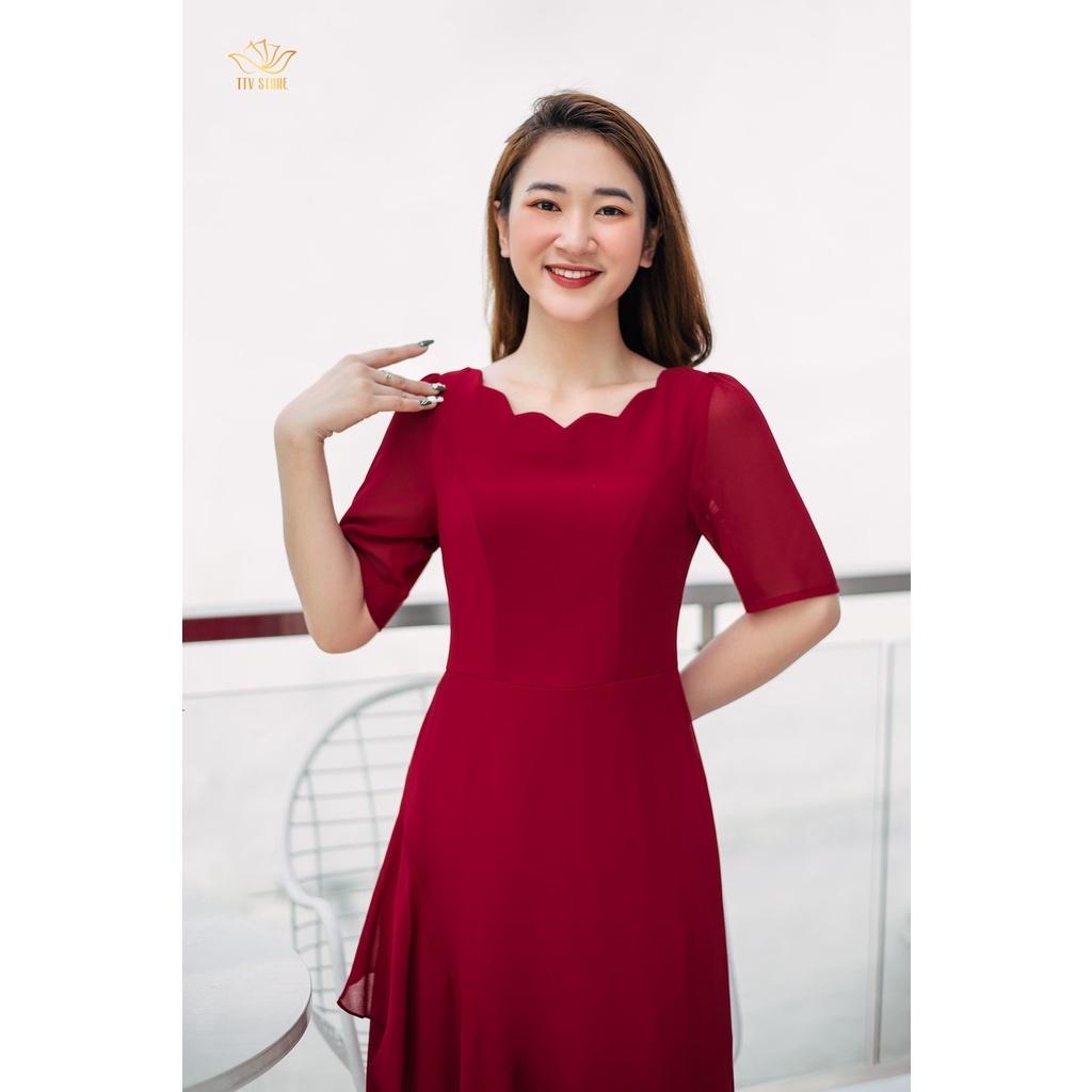 Đầm xòe dự tiệc thiết kế sang trọng cổ sóng nước chân váy bèo Đỏ đô - TTV961