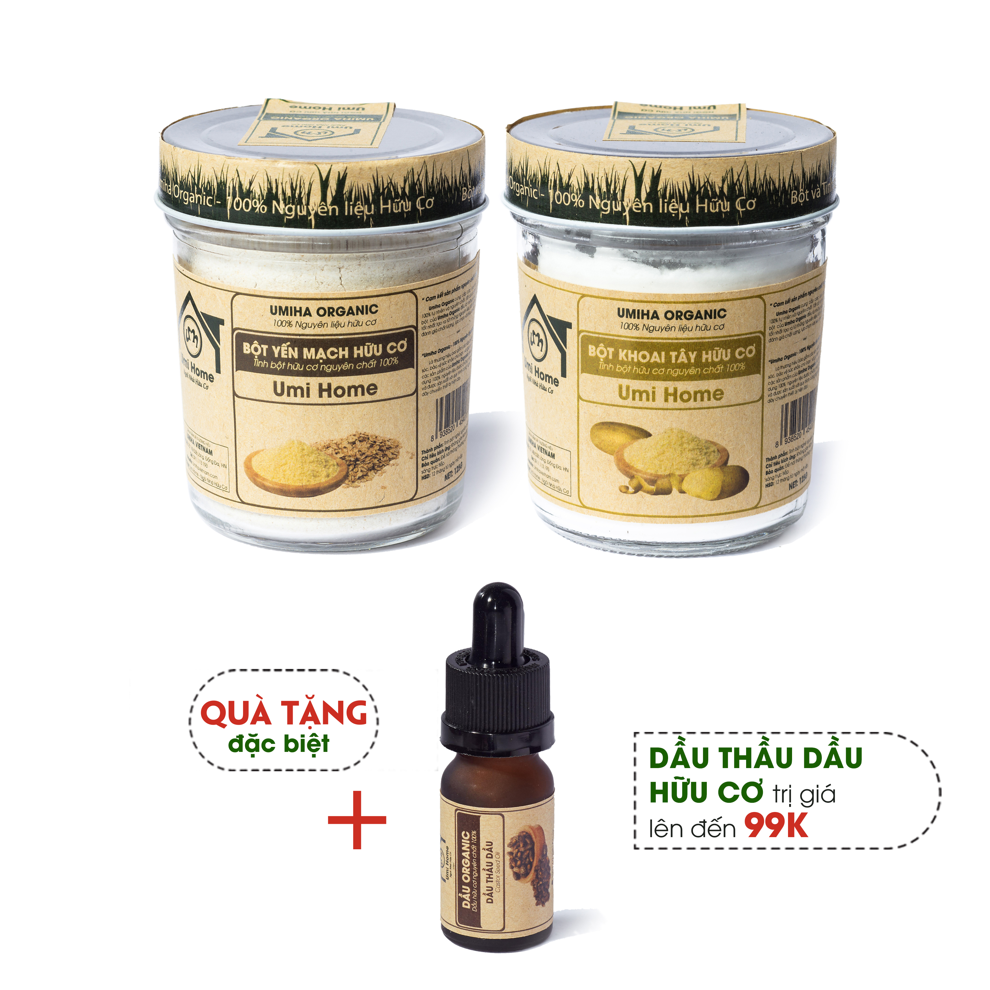 Combo 2 Bột đắp mặt gồm Yến Mạch 125g và Khoai Tây 125g UMIHOME hữu cơ - Tặng Dầu Thầu Dầu 10ml