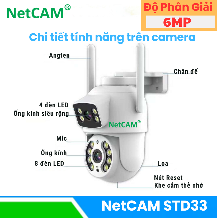Camera Ngoài Trời NetCAM STD33, Quay Quét 360 độ, có Ống Kính Kép với Độ phân giải Siêu Nét 6MP - Hàng Chính Hãng