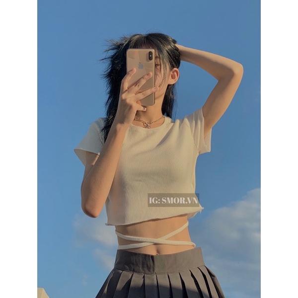 Áo croptop tay ngắn, đan dây eo