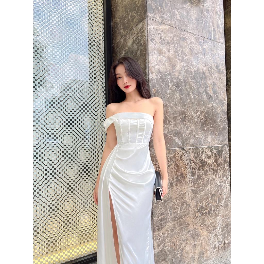 STORY Đầm Scarlett dự tiệc chéo vai sang trọng xẻ tà lụa satin cao cấp thời trang nữ Story.clothes