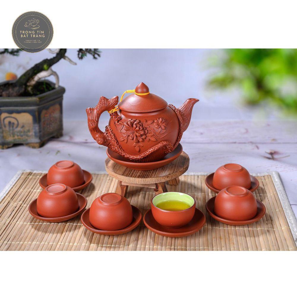 Bộ Ấm Chén Trà Đạo Gốm Tử Sa Bát Tràng Đắp Nổi Hoa Phù Dung Dáng Thủy Bình Dung Tích 400ml ATSML 02.1