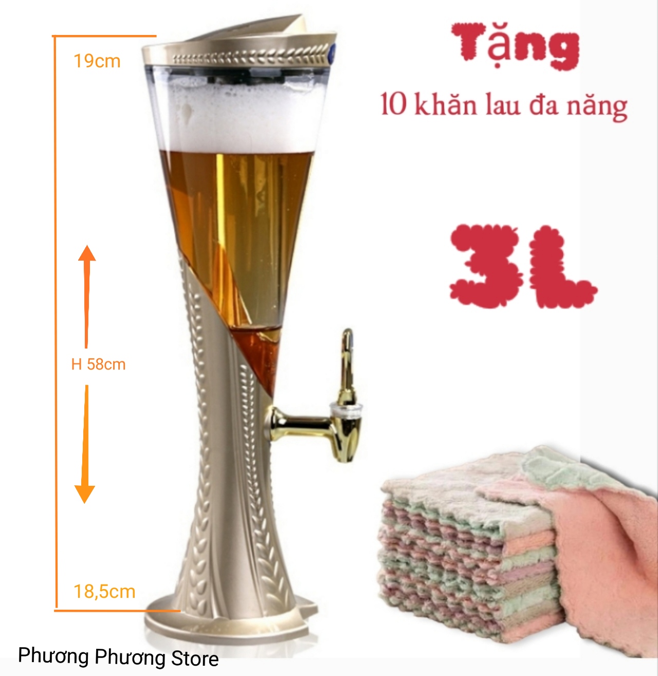 Tháp Bia 3 Lít Vân Đế Lúa Mạch có Đèn Lét, Lõi Đựng Đá Làm Mát Bình Đựng Nước Mát Có Vòi ( Vàng Nhám ) Tặng 10 khăn Iau