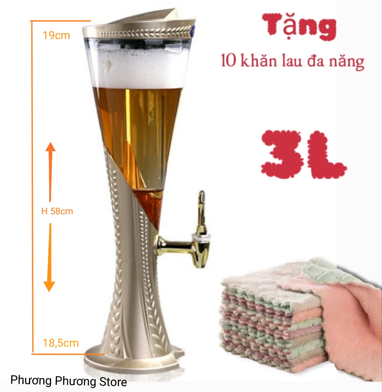 Tháp Bia 3 lít Vân Đế Lúa Mạch có lõi đựng đá làm mát tặng 10 khăn Iau
