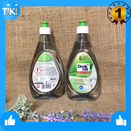 Nước rửa bát Denkmit 500ml hương thiên nhiên chứa chât béo hòa tan dầu mỡ cứng đầu, pH trung tính bảo vệ da tay.