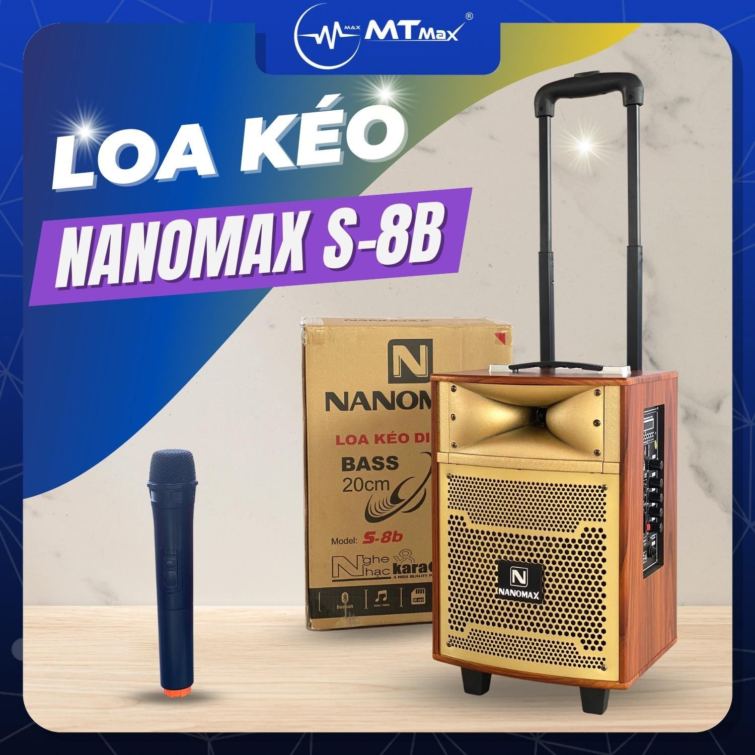 Loa Kéo Karaoke Nanomax S8B Bluetooth Bass 20cm 100w Tặng Kèm mic cao cấp UHF thích hợp cho karaoke gia đình, thiết kế nhỏ gọn có quai xách dễ dàng di chuyển âm thanh lớn nghe nhạc hay