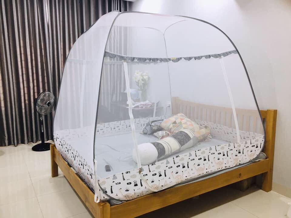 Mùng Chụp Màn Chụp Tự Bung Đỉnh Rộng Cao Cấp Mộc Miên Có Viền Chân -2 Cửa Mẫu Xám Khủng Long