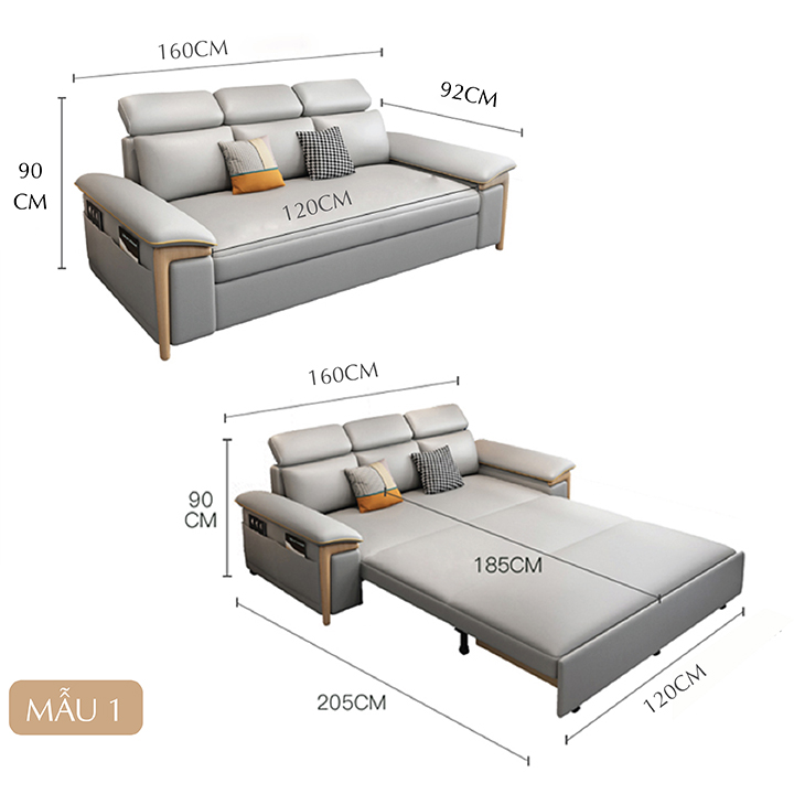 Giường Sofa Vải Sợi Nano Cao Cấp - Ghế Sofa Giường Đa Năng Có Ngăn Chứa Đồ, Khung Thép Chống Gỉ : KT 1M60 X 1M95