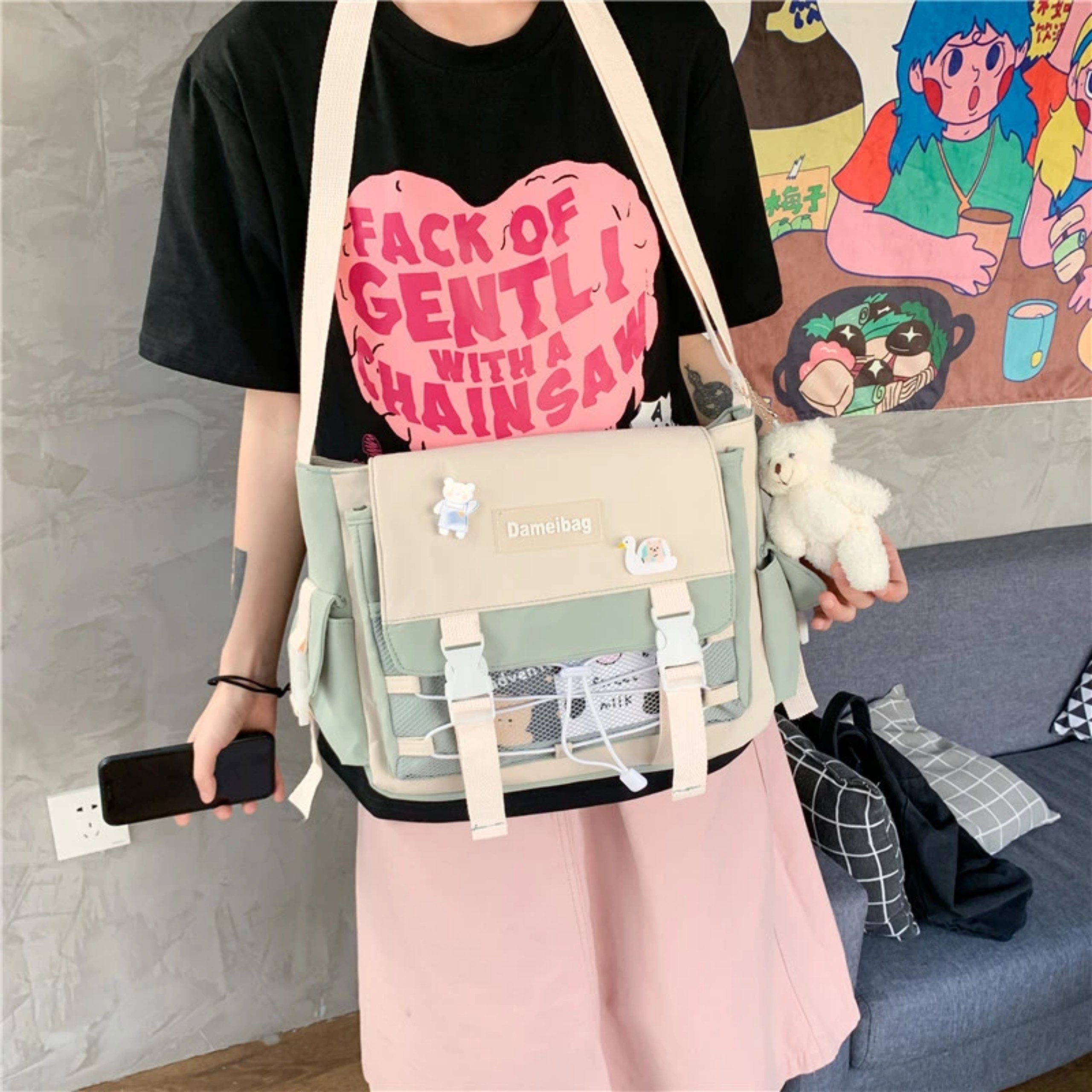 Túi đeo chéo nữ học sinh mini Dameibag bằng vải size 30x24x11cm đựng vừa A4 Tặng sticker-