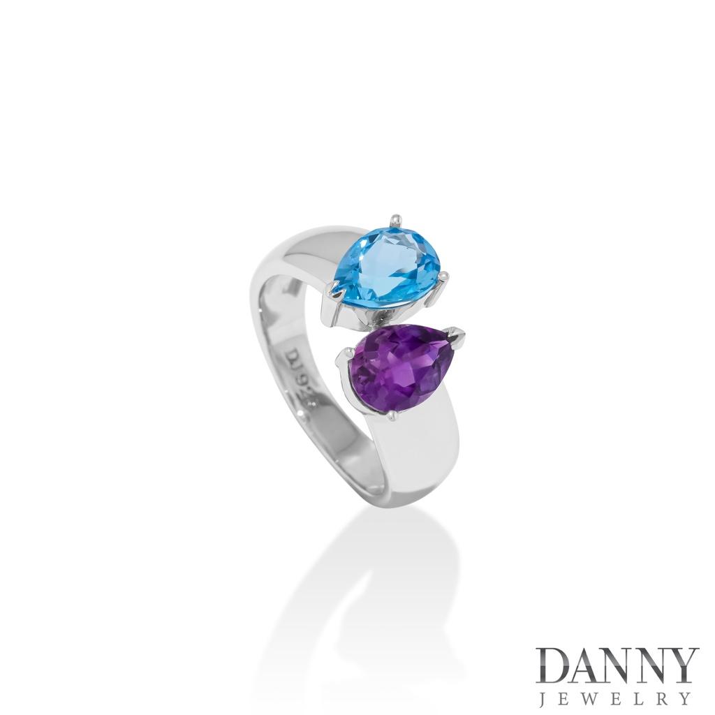 Nhẫn Nữ Danny Jewelry Bạc 925 Xi Rhodium Đính Đá Tourmaline & Amethyst Hình Giọt Nước SPLRA696A
