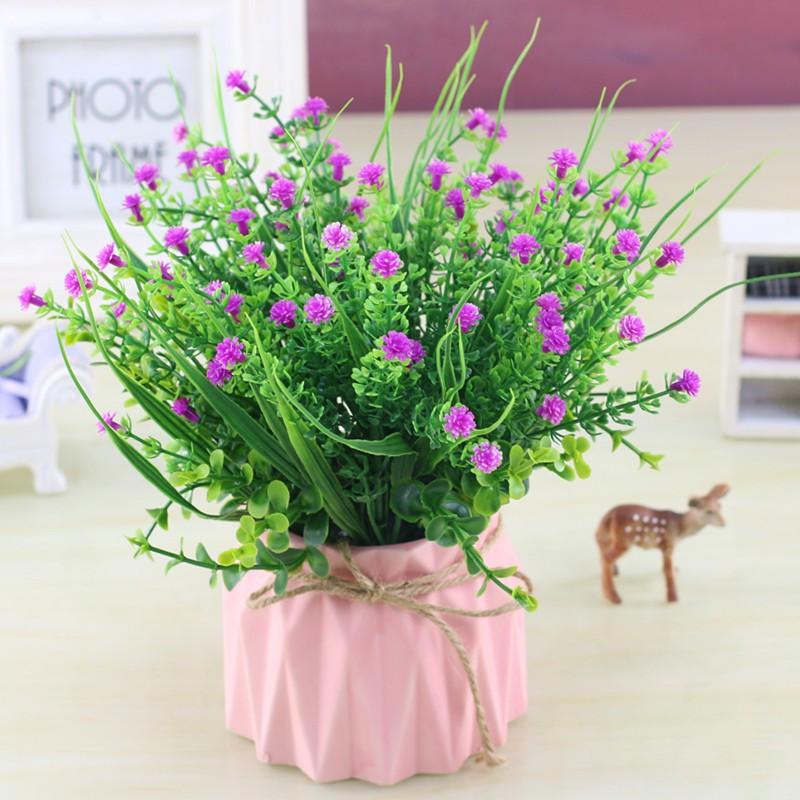 Hoa cỏ nhân tạo, bình hoa baby để bàn, kệ tủ trang trí nhà cửa, chậu sứ mini gân sọc độc đáo