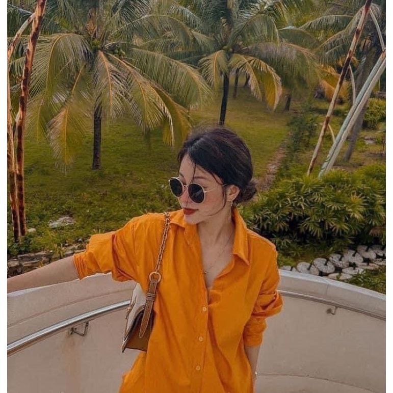 Áo sơ mi nữ cổ đức trơn màu cam dài tay ATN749