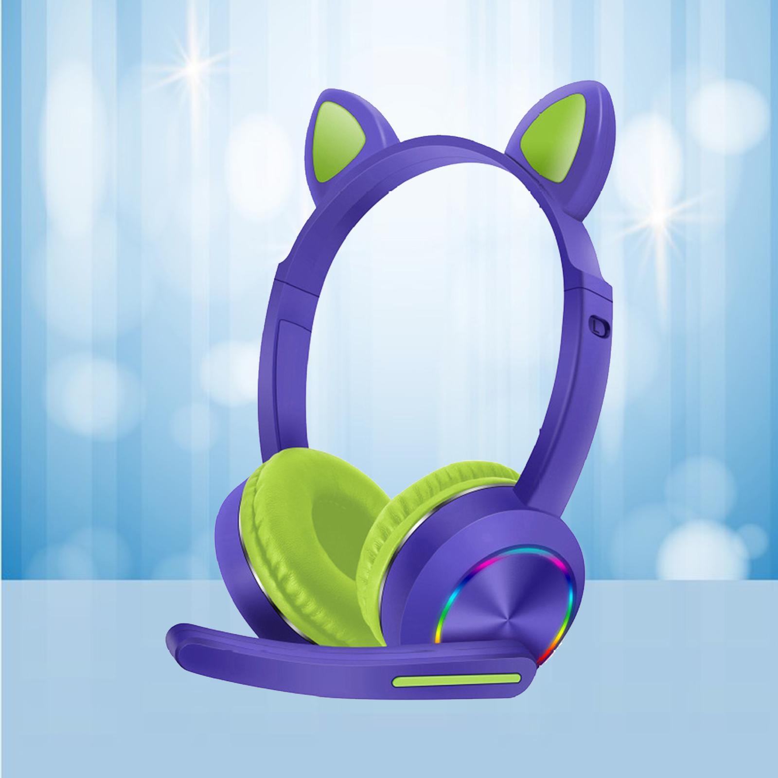 Bluetooth Headphones LED Light up Cat Ear Headset Earphones w/Mic Black