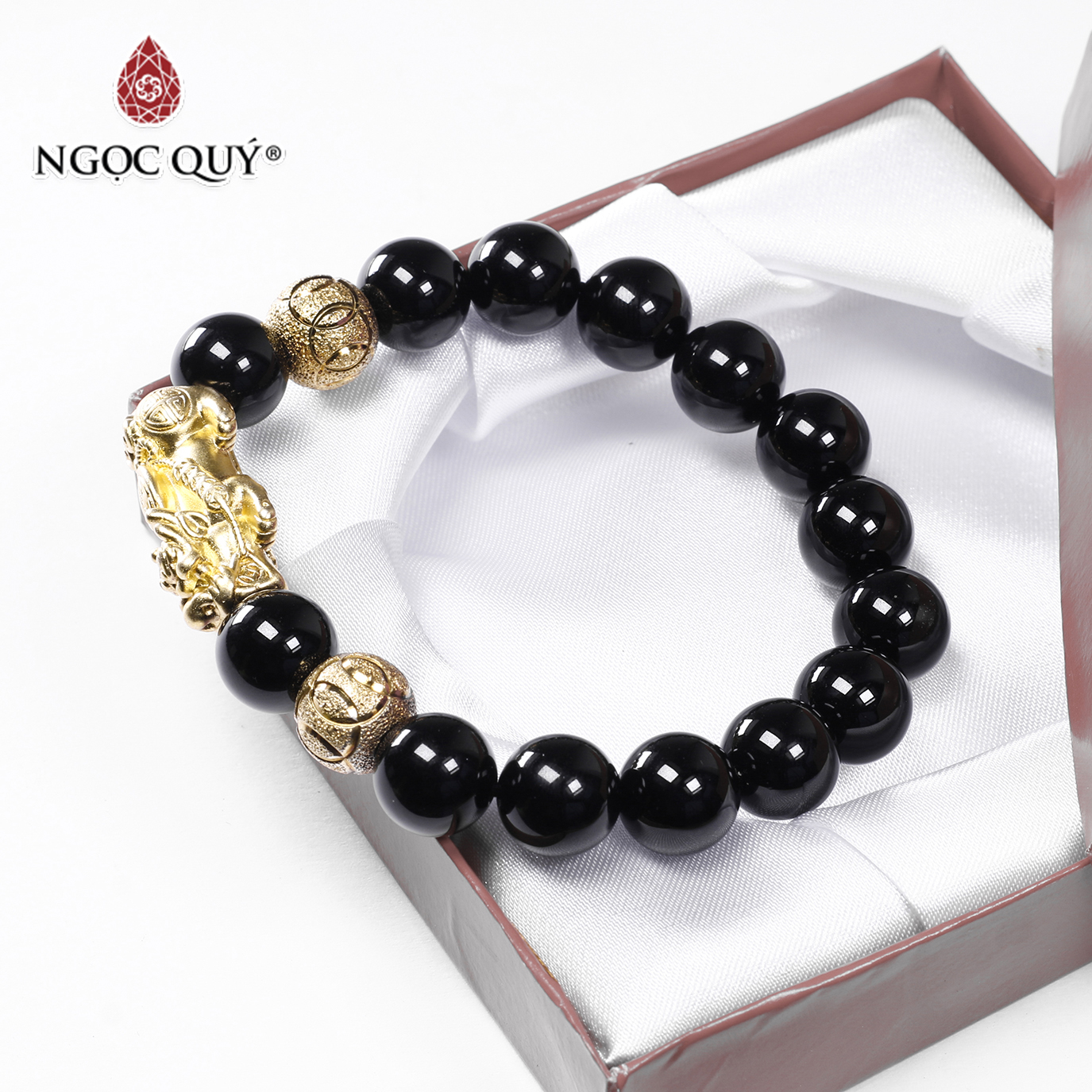 Vòng tay đá obsidian phối tỳ hưu bạc mạ vàng size hạt 10mm mệnh thủy, mộc - Ngọc Quý Gemstones