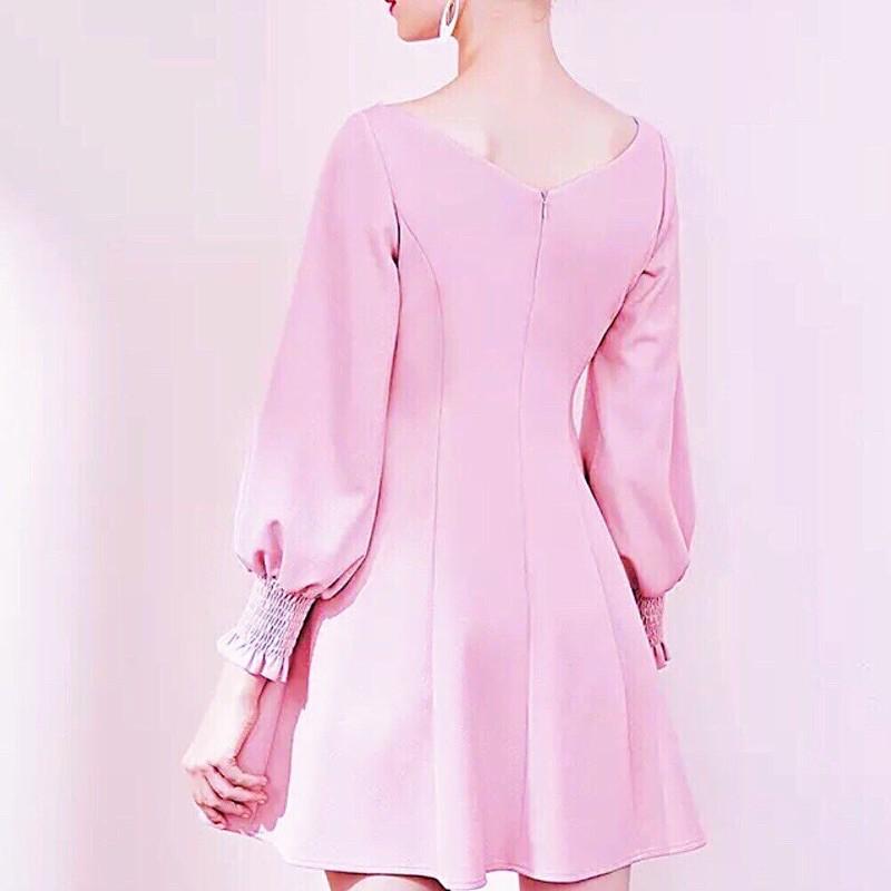 Đầm hồng cổ V tay dài v2