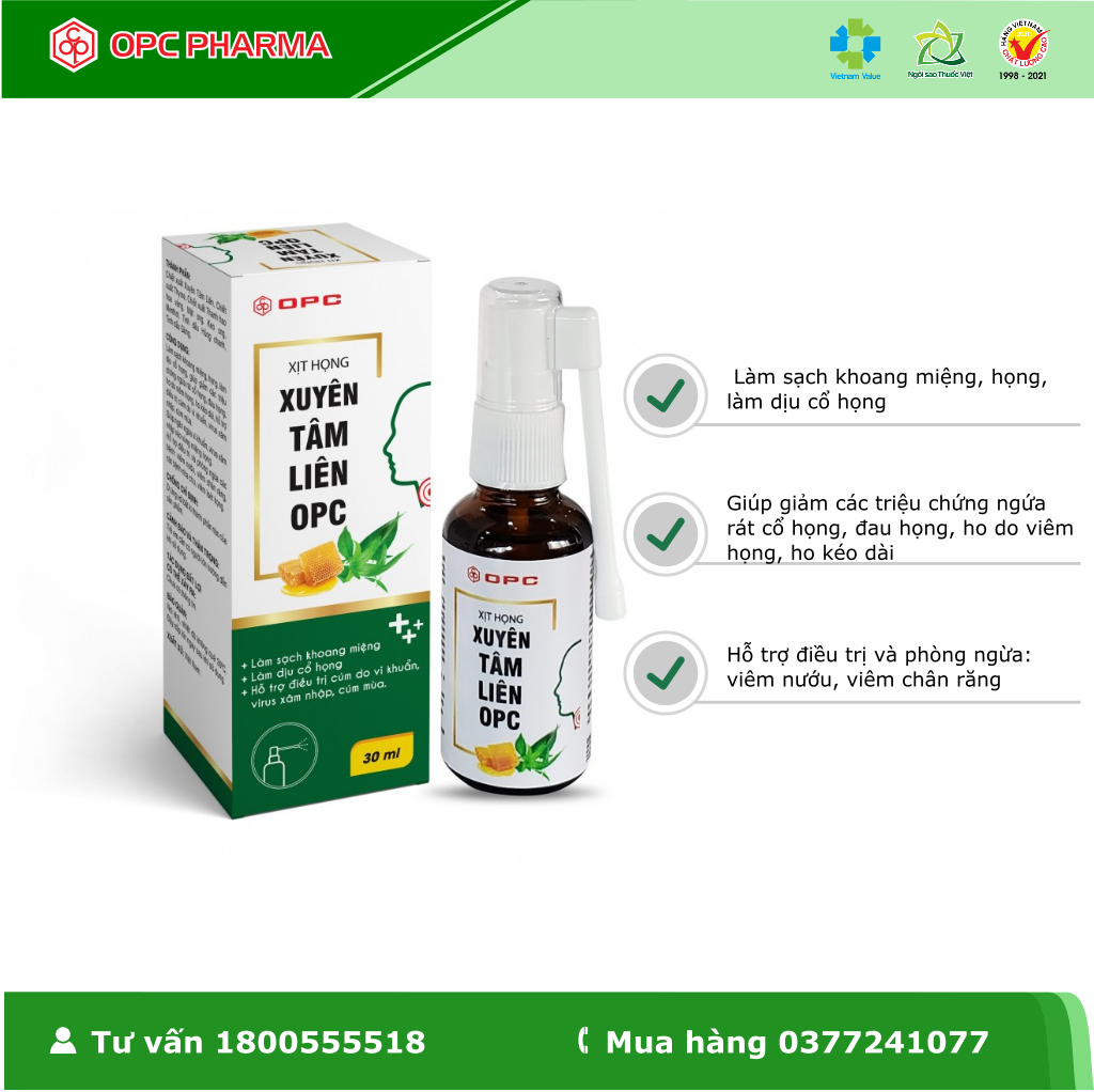 [Sản phẩm chống dịch] Xịt họng Xuyên Tâm Liên OPC (30ml) - Ngăn ngừa vi khuẩn xâm nhập, làm sạch khoang miệng và họng, làm dịu cổ họng - Hàng chính hãng OPC