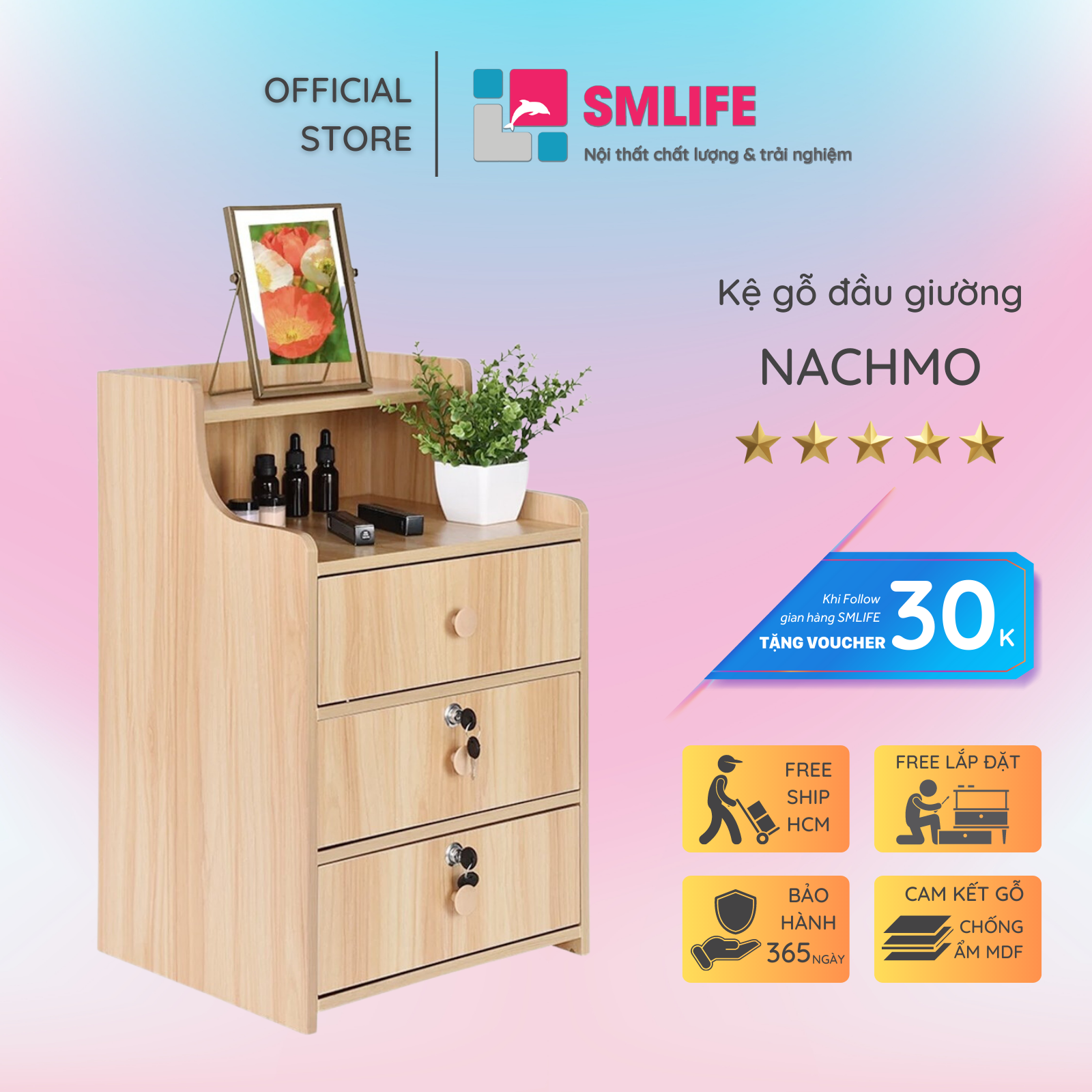 Kệ gỗ đầu giường hiện đại SMLIFE Nachmo | Gỗ MDF dày 17mm chống ẩm | D40xR34xC60cm