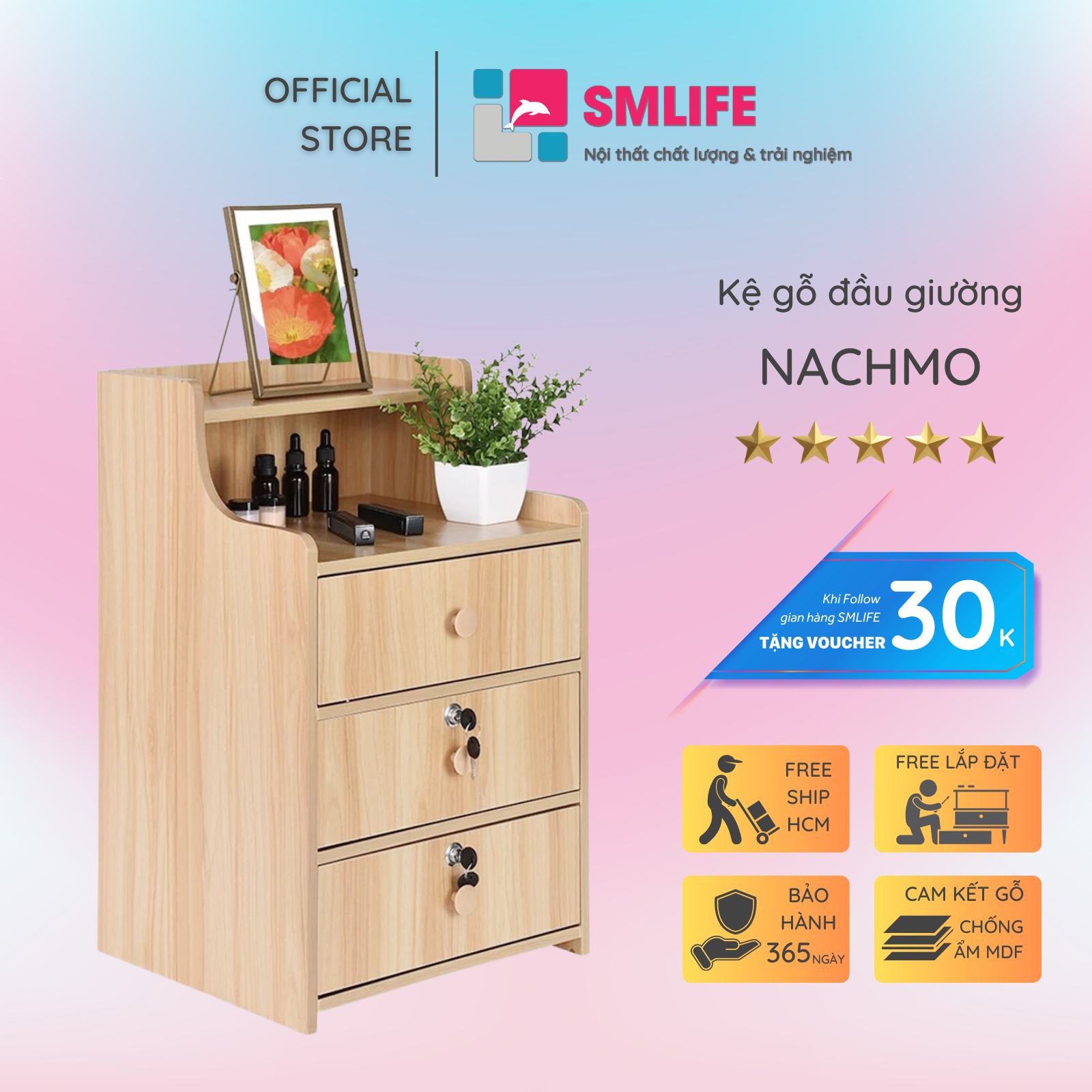 Kệ gỗ đầu giường hiện đại SMLIFE Nachmo  | Gỗ MDF dày 17mm chống ẩm | D40xR34xC60cm