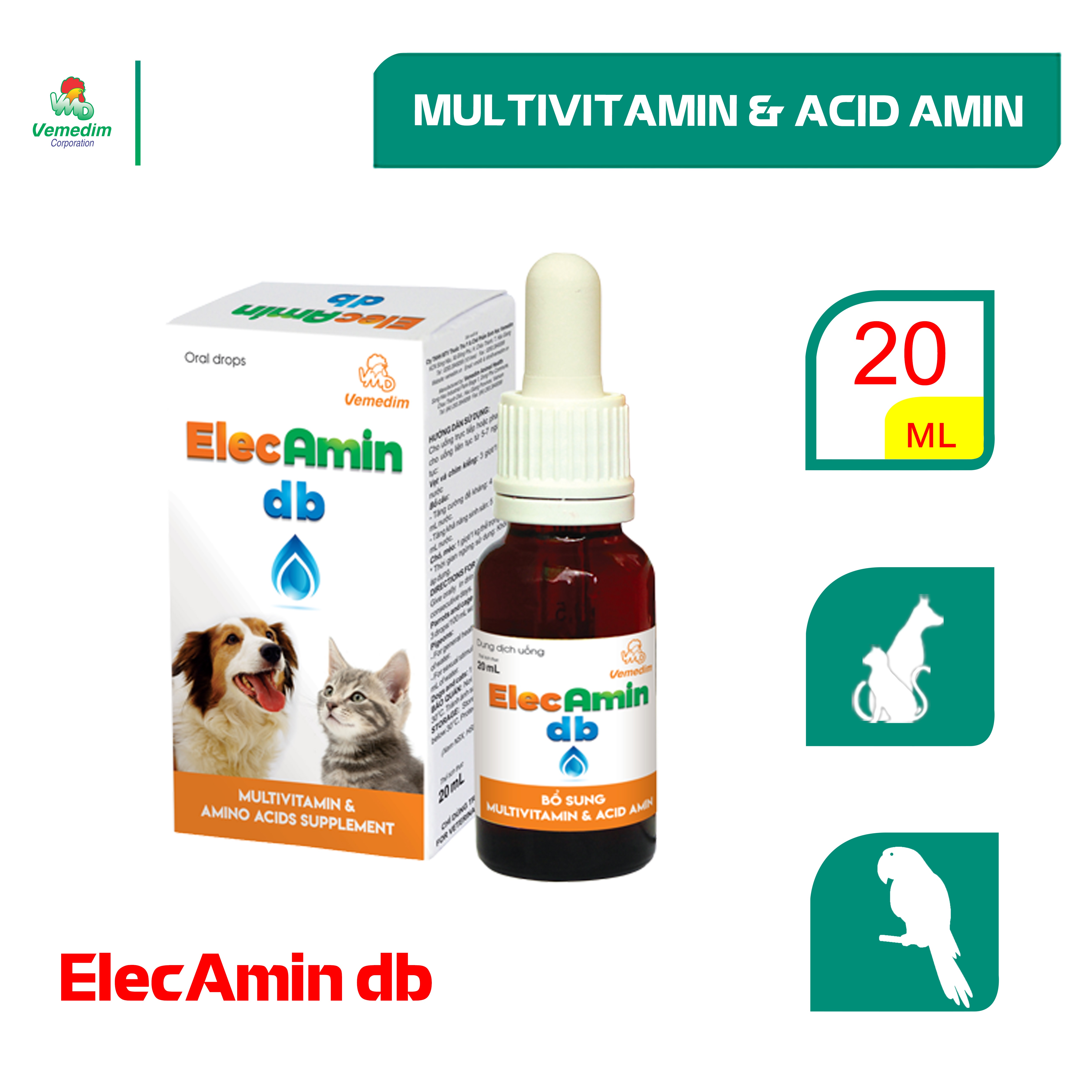 Vemedim ElecAmin db - Bổ sung Multivitamin &amp; acid amin cho chó mèo, chim thú cảnh, chai 20ml