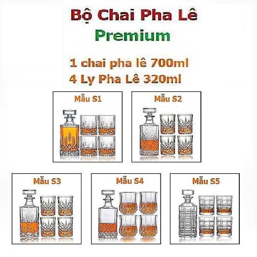 Bộ Bình Rượu Pha Lê 700ML và 4 Ly 320ML cao cấp – Bộ Chai Đựng Rượu mài đặc nguyên khối không gioăng