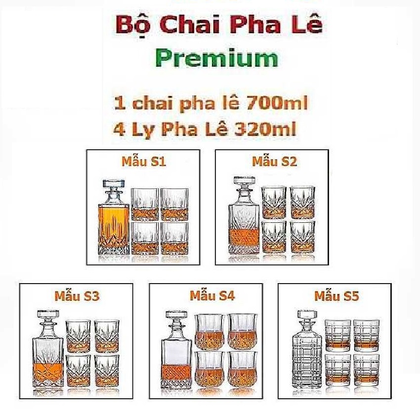 Bộ Bình Rượu Pha Lê 700ML và 4 Ly 320ML cao cấp – Bộ Chai Đựng Rượu mài đặc nguyên khối không gioăng (giao hoa văn ngẫu nhiên)