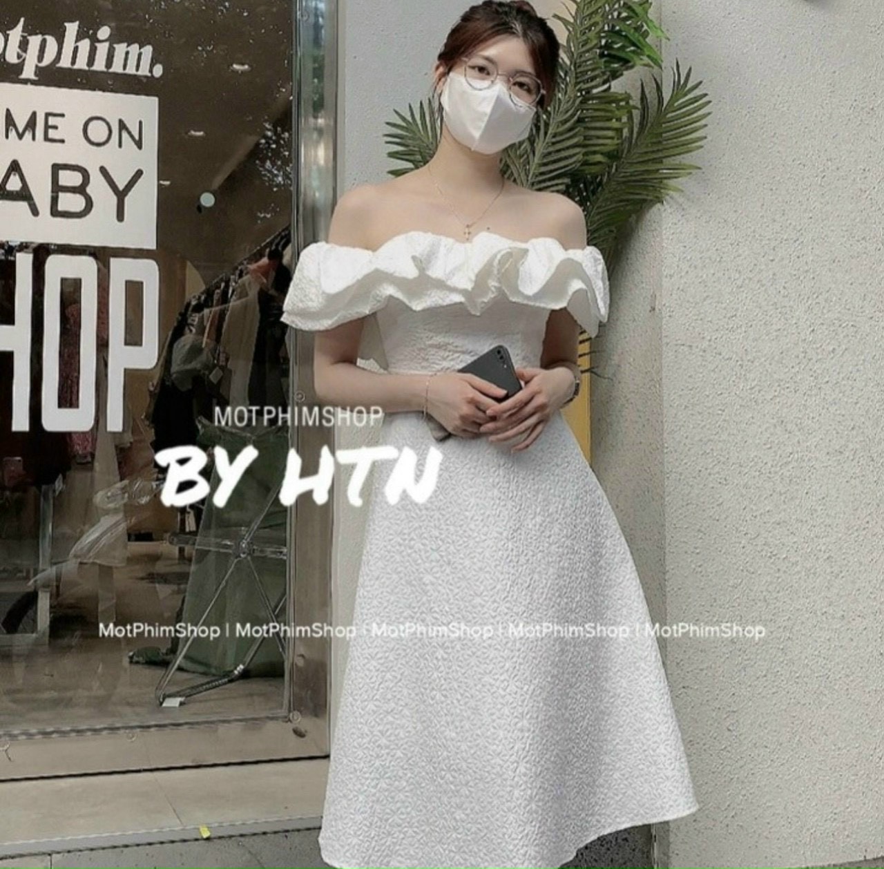 Đầm midi bẹt vai phồng chất xốp sang trọng