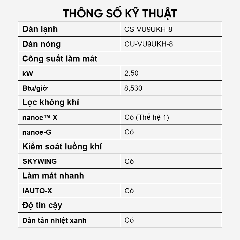 Máy lạnh Panasonic CU/CS-VU9UKH-8 - Một chiều - Inverter sang trọng Sky series - Hàng Chính Hãng