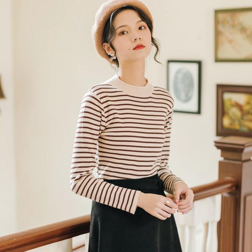 MS708 Áo len nữ dệt kim kẻ ngang cổ xoăn Quảng Châu