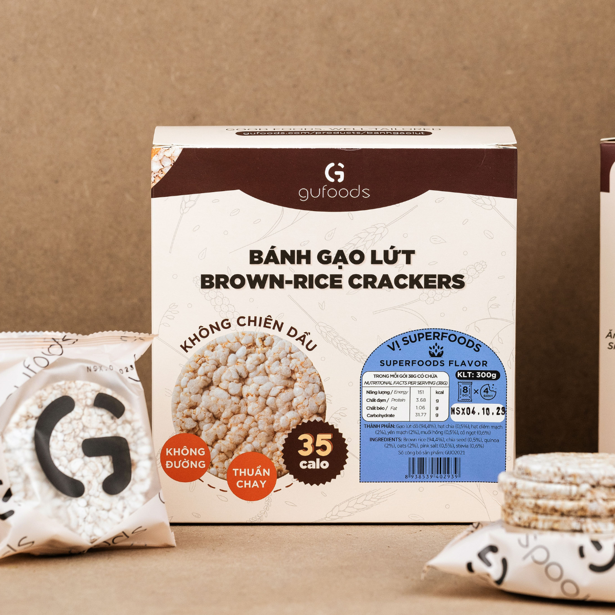 Bánh gạo lứt GUfoods vị Superfoods - Không chiên dầu, Không đường, Từ gạo và ngũ cốc nguyên hạt, Lành mạnh, Phù hợp Eat clean, Ăn vặt healthy, Thực dưỡng, Tập gym, Thuần chay