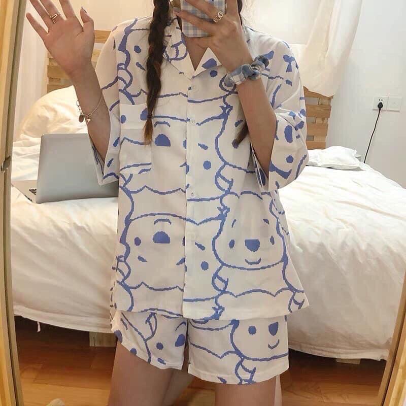 Set Bộ Đồ Ngủ Nữ Pijama Cộc Tay Quần Đùi Chất Kate Thái Họa Tiết Cute Bò Sữa Gấu Hoạt Hình Siêu Đẹp - BR07 - Black Rose