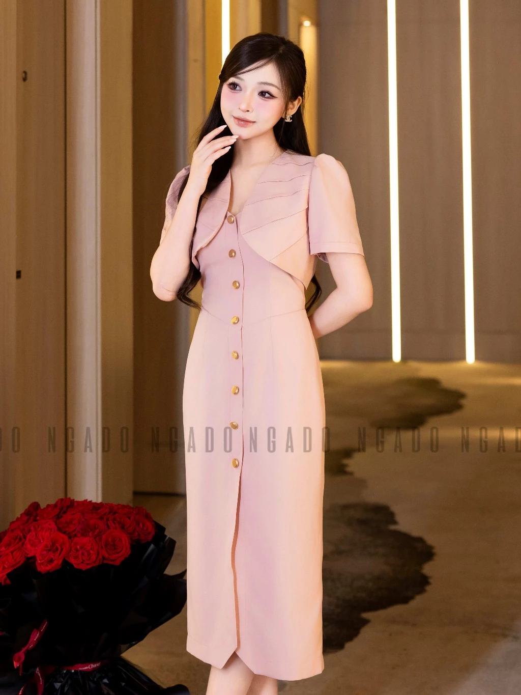 Đầm hồng xẻ vạt NGADO , đầm dự tiệc , đầm bút chì dáng dài