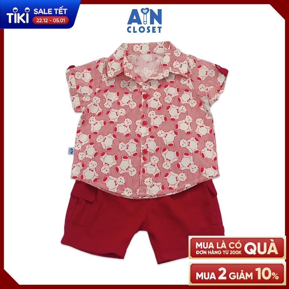 Bộ quần áo ngắn bé trai họa tiết Sơ mi Gấu kẻ đỏ cotton - AICDBTN5MU0U - AIN Closet