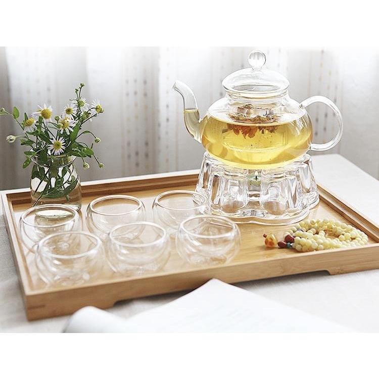 Bộ ấm chén thủy tinh kèm khay, đế châm nến hình tim