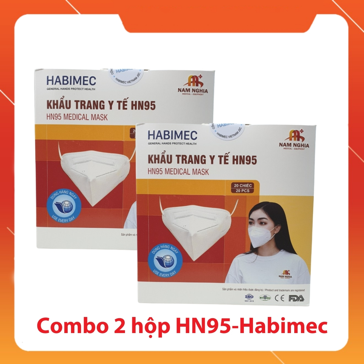 Khẩu trang HN95-Habimec (đạt chuẩn FFP2-N95) Combo 2 hộp Khẩu trang y tế 5 lớp kháng khuẩn lọc đến 99%