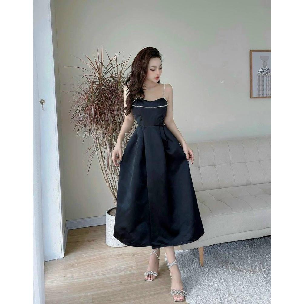 Váy đầm nữ dự tiệc dáng xòe hai dây giả đá xẻ tà