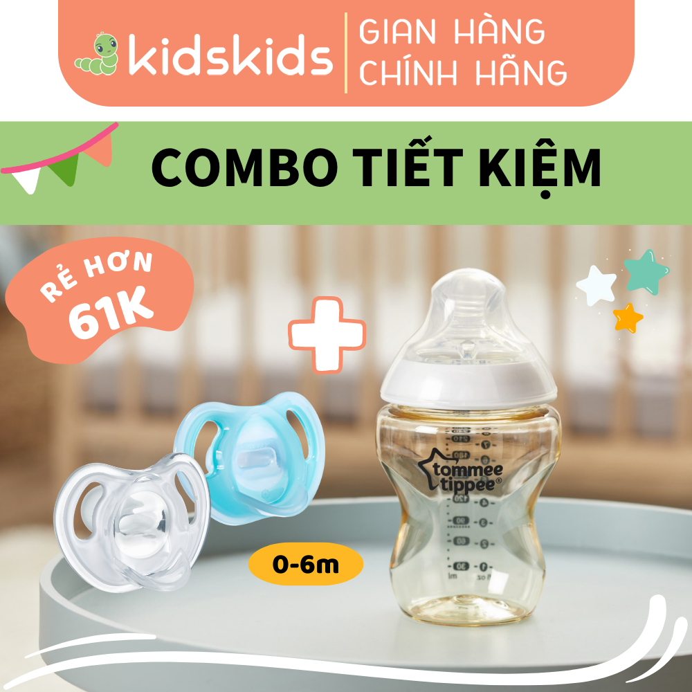 COMBO Ty ngậm silicon siêu nhẹ Tommee Tippee Ultra Light 0-6 tháng (vỉ đôi) &amp; Bình sữa PPSU siêu mềm tự nhiên 150ml