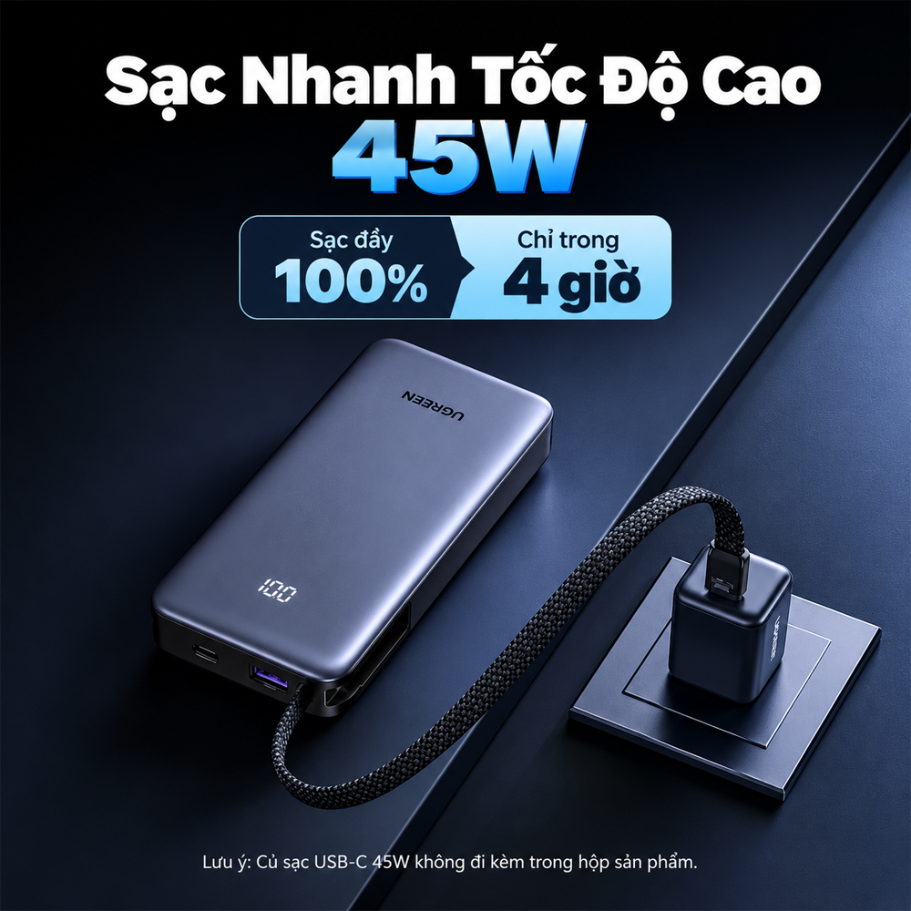 Sạc dự phòng Ugreen Nexode Power Bank Built-In Cable 1USB 1Type-C 55W 20000mAh PB537 95178B - Hàng chính hãng