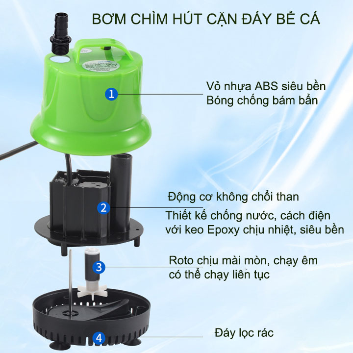 Bơm chìm hút cặn đáy bể cá 6W-12W-25W tùy chọn
