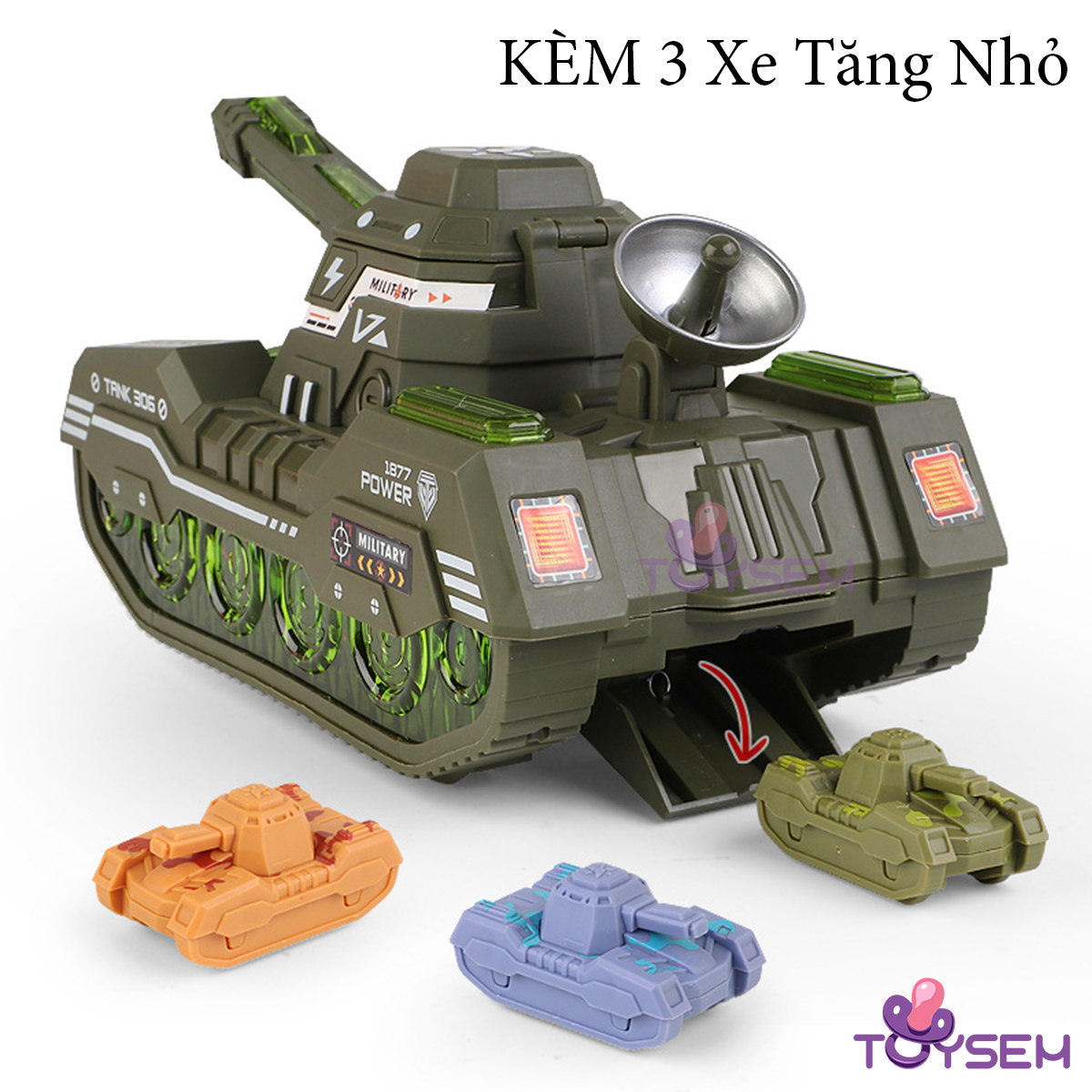 Đồ chơi xe tăng xoay 360 độ có đèn và nhạc kèm theo 3 chiếc xe tăng nhỏ - Quà tặng đồ chơi sinh nhật cho bé - Xe tank 306 dã chiến cho bé