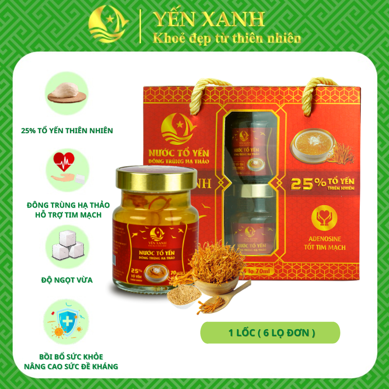 25% tổ yến - Nước tổ yến chưng đông trùng hạ thảo - YẾN XANH - Lốc 6 lọ x 70ml có quai xách