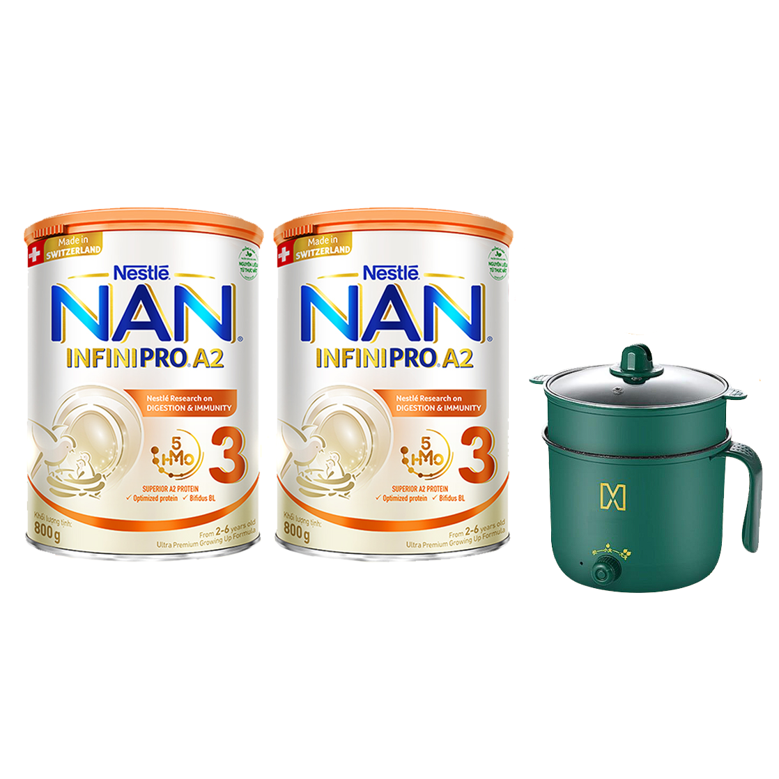 Bộ 2 Lon Sữa Bột Nestlé NAN INFINIPRO A2 bước 3 800g từ Thụy Sỹ với đạm quý A2 giúp dung nạp tiêu hóa tốt sau 7 ngày (Dành cho trẻ từ 2-6 tuổi) - Tặng Nồi lẩu đa năng hai tầng