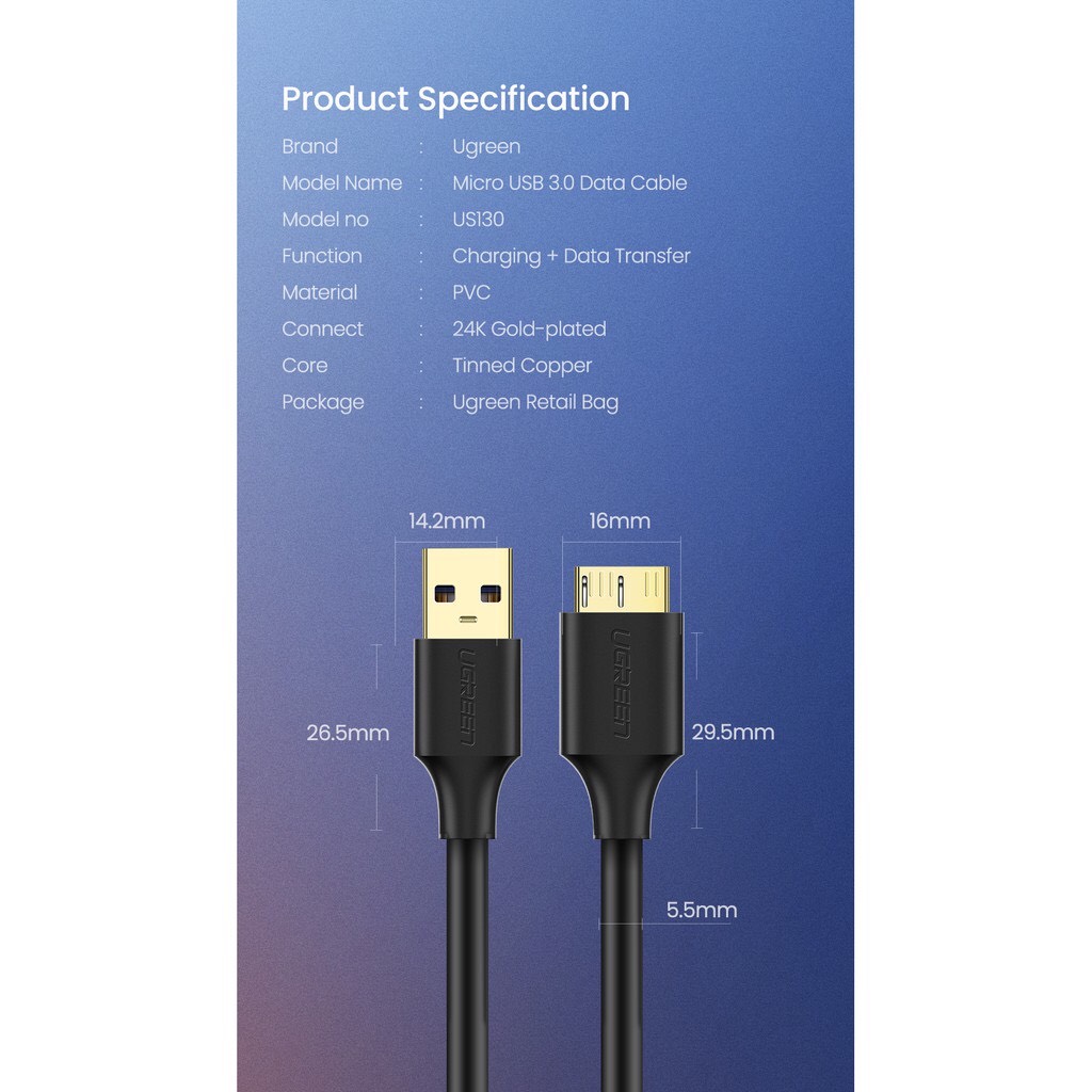 Cáp USB to Micro USB B Ugreen 10841 10840 10843 US130 Chính Hảng (đầu Mạ Vàng, dùng cho HDD 2.5 ing ) hàng chính hãng