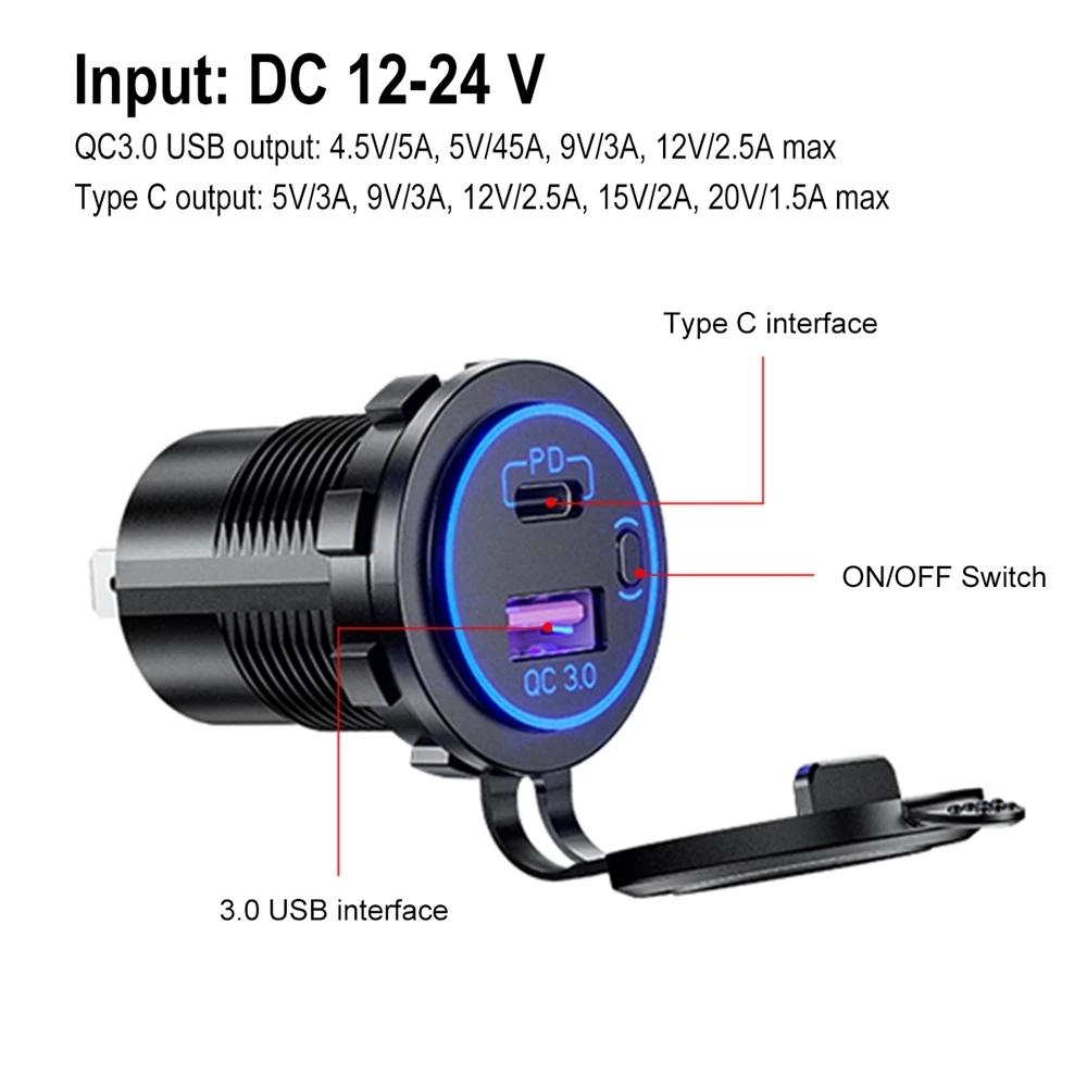 60W PD TYPE C/QC 3.0 Bộ sạc xe hơi USB với công tắc ổ cắm điện