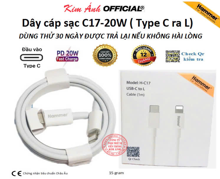 Dây cáp sạc Ham mer C17 PD 20W dùng cho IPhone, chân cắm Type C ra L sạc nhanh vào pin, Check QR kiểm tra hàng chính hãng
