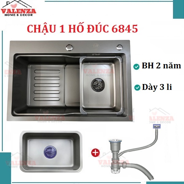 Chậu rửa bát 1 hố lớn 68x45cm nano đen sus304 Valenza kèm khay inox, bộ xả thoát to ngăn mùi-Dày 3li