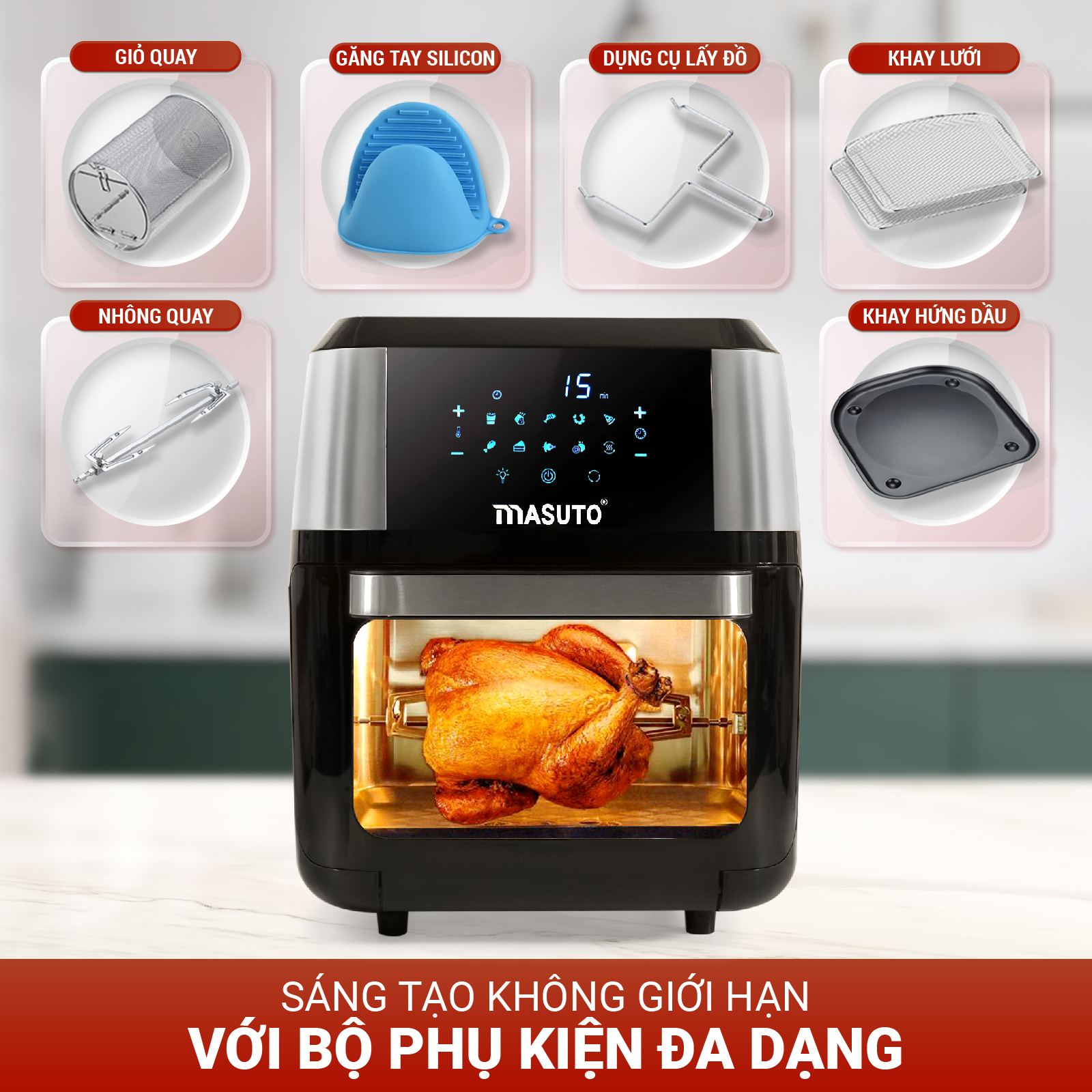 Nồi Chiên Không Dầu Masuto 12L Nướng Gà Nguyên Con Giỏ Inox Cao Cấp Thực Phẩm Chín Đều Ngoài Giòn Trong Mềm Mọng Nước-Hàng chính hãng