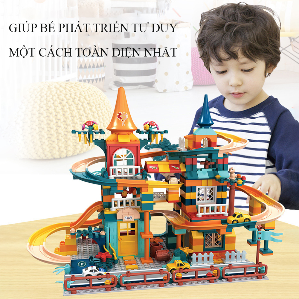 Đồ chơi trẻ em, bộ đồ chơi xếp hình lắp ghép phát triển trí tuệ lâu đài cầu trượt 512 chi tiết nhựa ABS cao cấp.