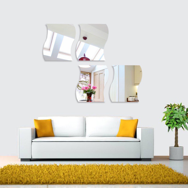 Bộ 6 miếng ghép gương dán tường hình lượn sóng thiết kế sang trọng, trang trí