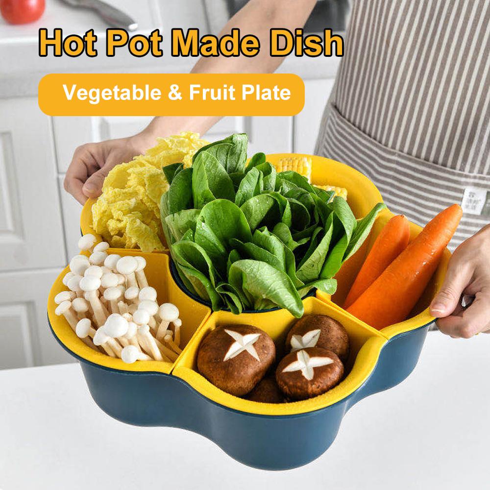 Đĩa đựng rau củ 6 ngăn hình bông hoa Đa chức năng bằng nhựa PP xoay 360 ° có 2 lớp lọc nước dễ dàng