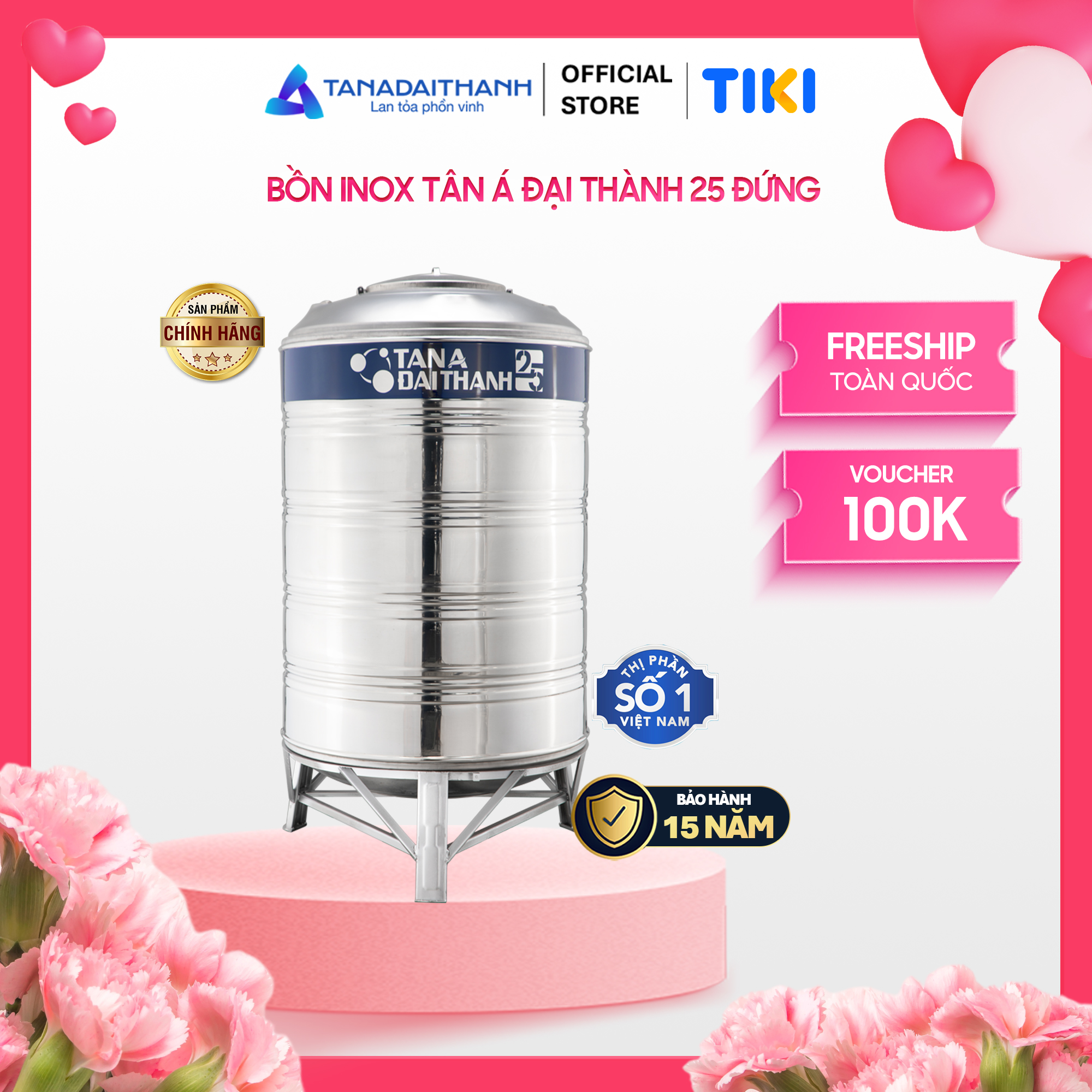 Bồn nước inox Tân Á Đại Thành 25 Đứng 1000L 1500L 2000L Chính hãng, Chỉ bán khu vực miền Bắc, Bảo hành 15 năm